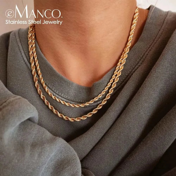 Made Chic Boutique e-Manco 3/4MM 316L Rope Chain Necklace Stainless Steel Never Fade Waterproof Choker Men Women Jewelry Gold Color Chains Gif
