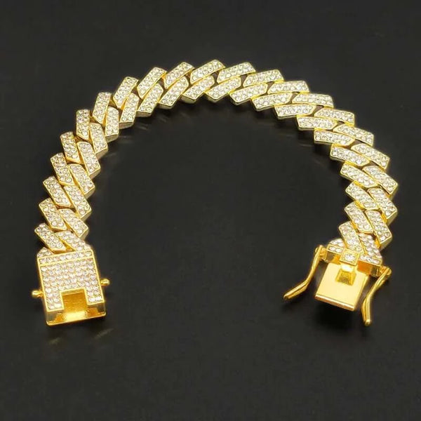 Made Chic Boutique Gold color C / CHINA / 7inch(18cm) HipHop Men Women 13MM Prong Cuban Link Chain Bracelet Bling Iced Out 2 Row Rhinestone Paved Miami Rhombus Cuban Chain Jewelry