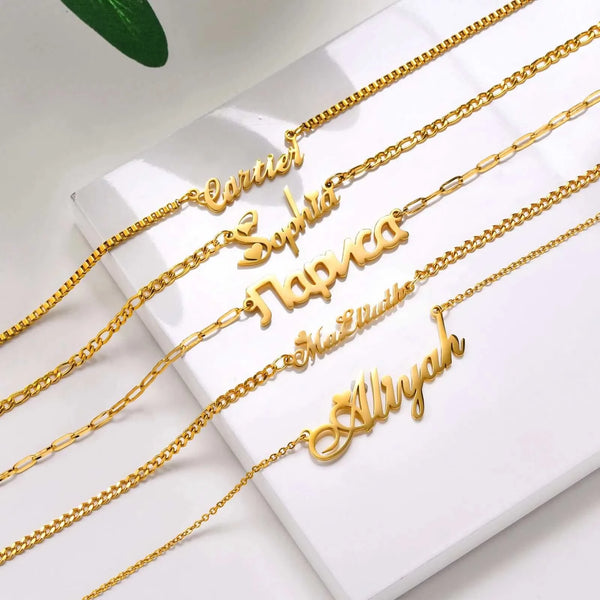 Made Chic Boutique Personalized Stainless Steel Name Necklace for Women with Gold Plated Adjustable Chain