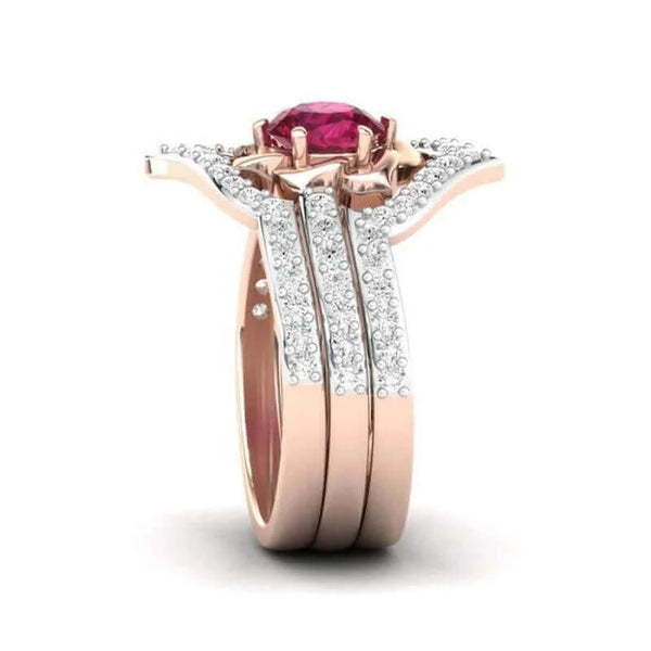 Made Chic Boutique Dazzling Rose Gold Color Flower Ring for Women Delicate Metal Inlaid Red Zircon Stones Wedding Rings Set Engagement Jewelry