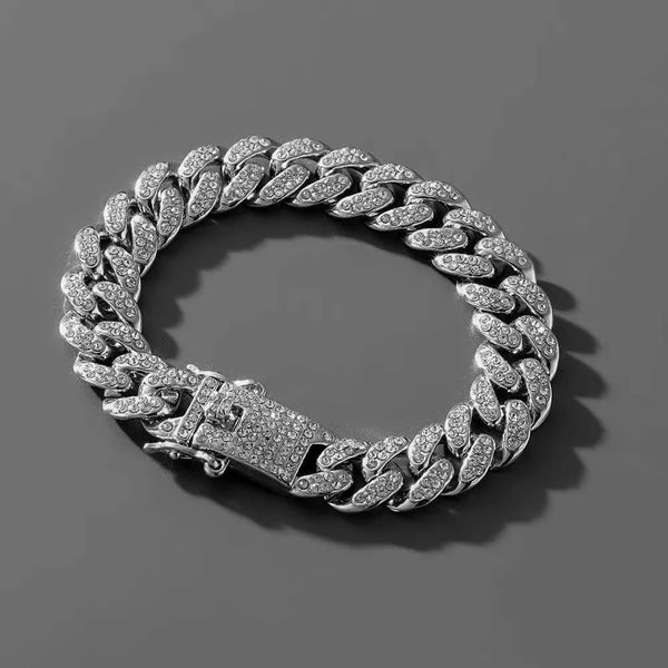 Made Chic Boutique HipHop Men Women 13MM Prong Cuban Link Chain Bracelet Bling Iced Out 2 Row Rhinestone Paved Miami Rhombus Cuban Chain Jewelry