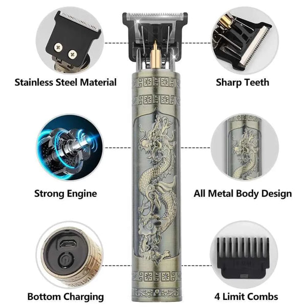 Made Chic Boutique Vintage T9 Electric Hair Cutting Machine Hair Clipper Professional Men Shaver Rechargeable Barber Trimmer for Men Dragon Buddha